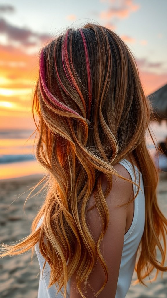 A woman with long, wavy hair featuring tropical sunset balayage colors, standing on the beach during sunset.
