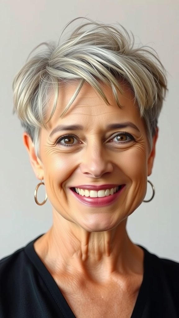 A woman over 50 with an undercut pixie hairstyle featuring geometric side detail, smiling confidently.