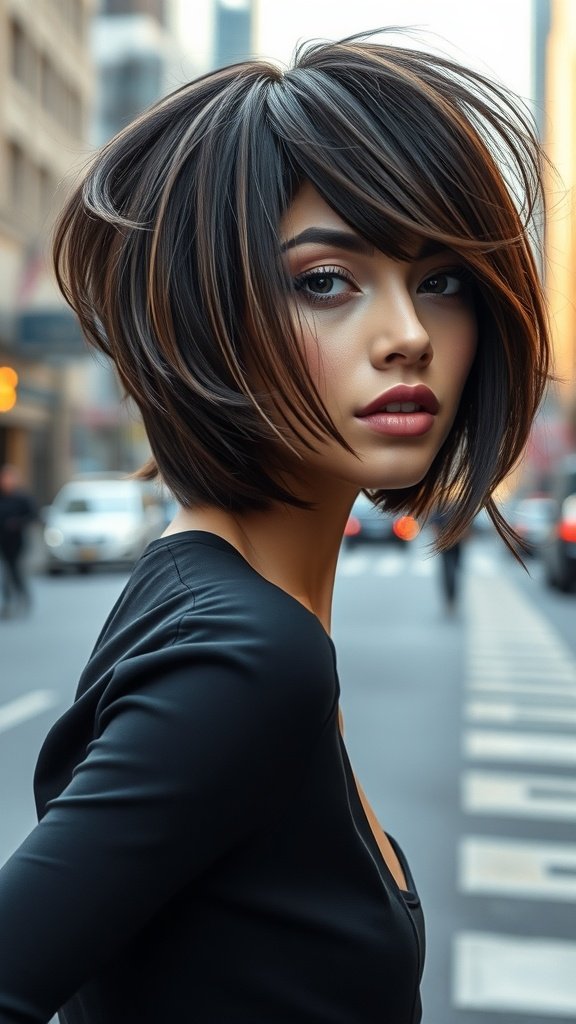 A woman with a voluminous bob hairstyle featuring choppy stacked layers, showcasing a stylish look on a city street.