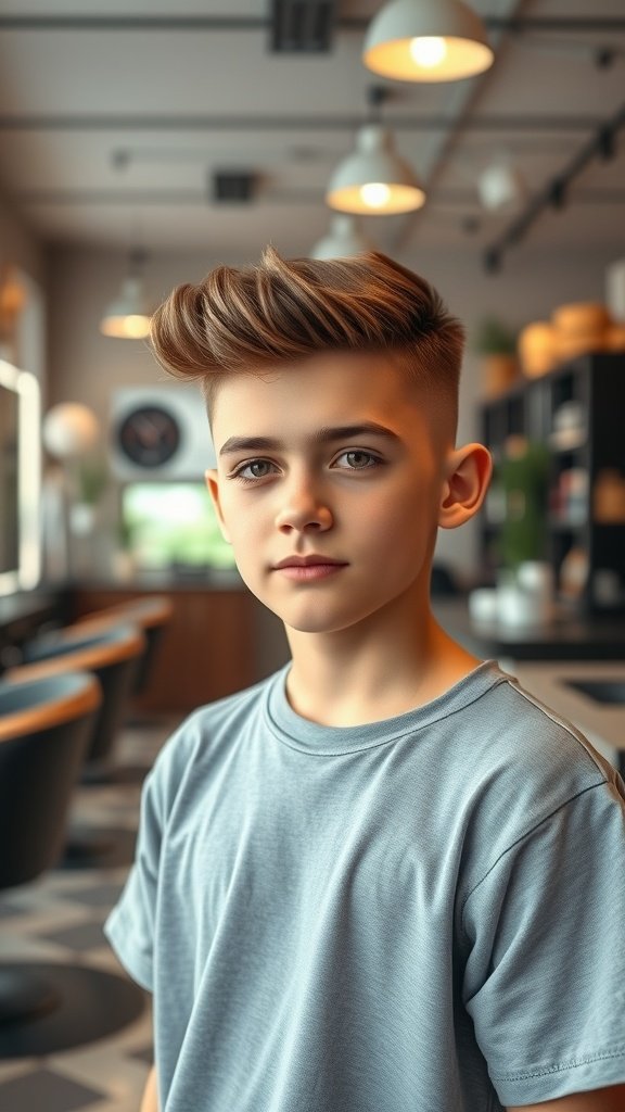 Teenage boy with wavy top haircut and mid fade in a barbershop setting.