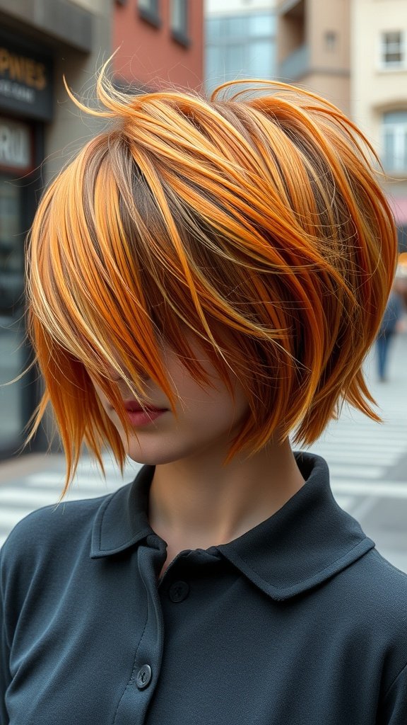 A model showcasing a wild shag hairstyle with extreme volume and vibrant orange tones.