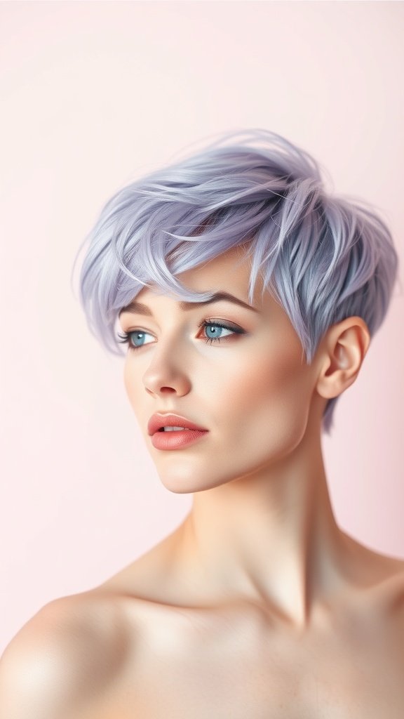 A woman with a wispy lavender pixie cut, showcasing soft layers and a playful hue against a pink background.