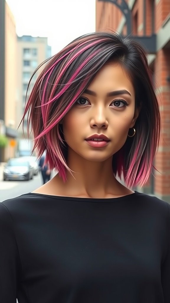 A woman with an angled lob hairstyle featuring choppy sliced ends and pink highlights.