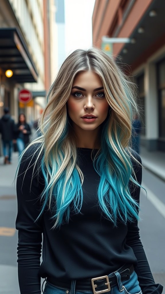 A woman with ash blonde hair featuring turquoise ombre ends, standing in a city street.