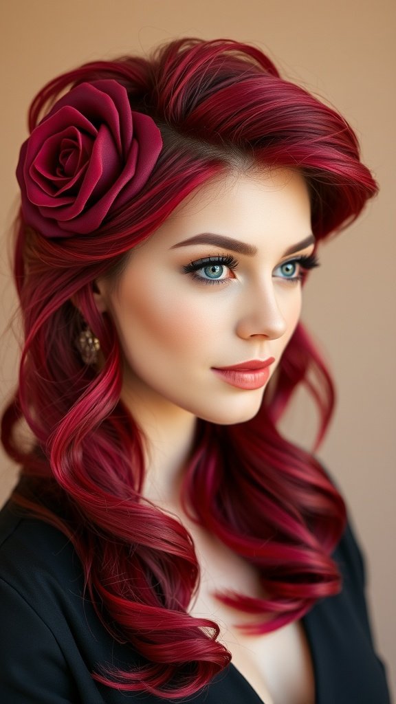 A woman with berry red hair styled in soft waves, featuring a rose money piece, exuding elegance and vibrancy.