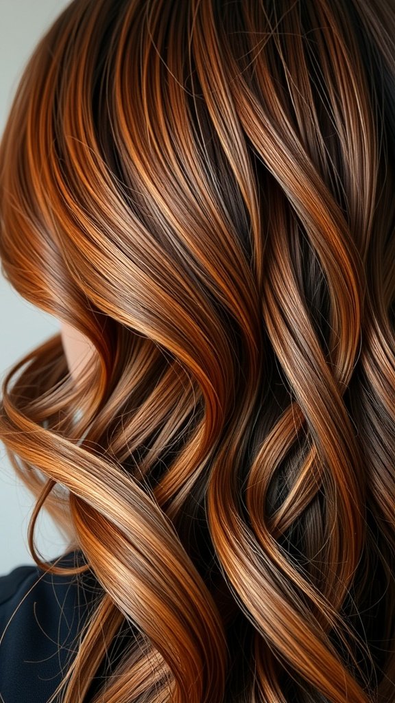A close-up view of hair showcasing a blend of copper and espresso colors with soft waves.