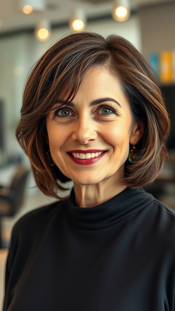 A woman with a rounded bob haircut, smiling confidently in a modern setting.