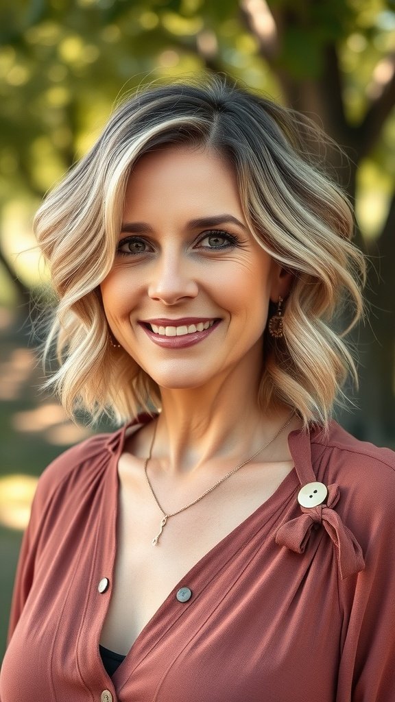 A woman with a boho-chic wavy bob hairstyle featuring side braids, smiling outdoors.