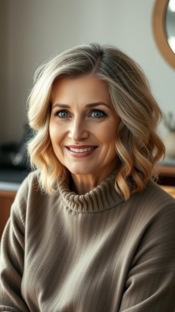 A woman with a Boho-Chic Wavy Bob hairstyle featuring side braids, smiling warmly.