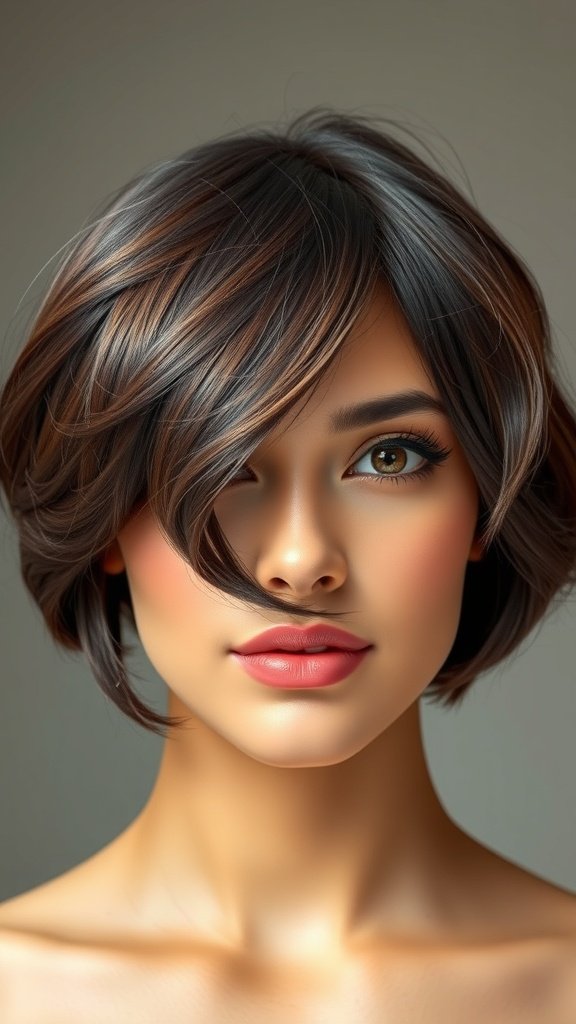 A woman with chocolate brown hair styled in structured waves, showcasing a polished and elegant look.