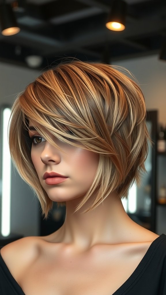 A woman with a classic shag hairstyle featuring feathered texture, showcasing layers and movement.