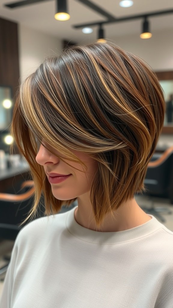 A woman with a compact layered shag haircut featuring defined movement and highlights.