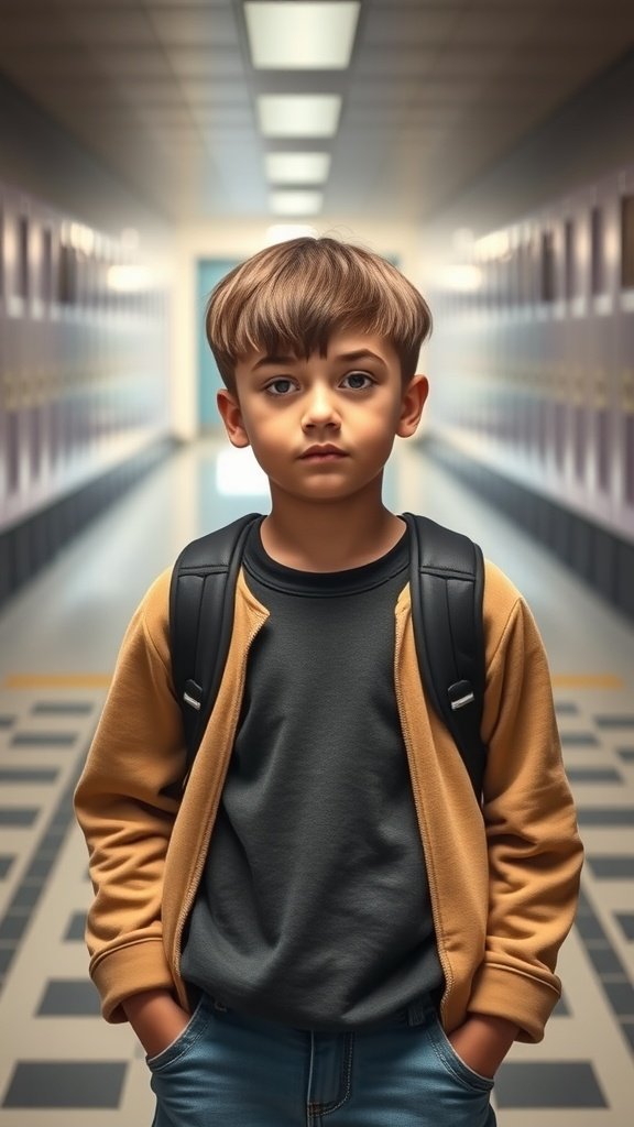 A boy with cropped bangs standing in a school hallway