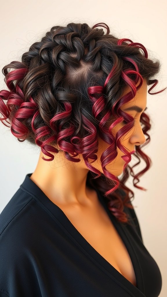 Curly bob hairstyle with braided detail and red highlights