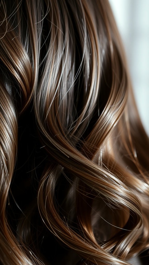 Close-up of dark brown hair with subtle green highlights, styled in curls.