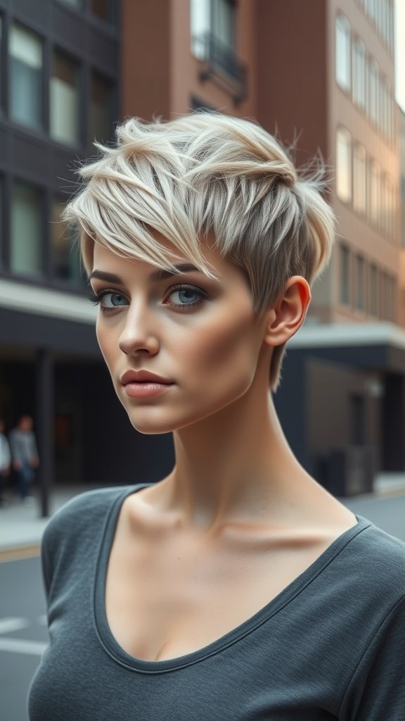 A woman with an edgy pixie cut featuring stacked layers, showcasing a stylish and modern look.