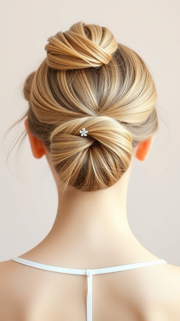 A woman with a ballerina bun hairstyle and wispy bangs, showcasing a sophisticated and charming look.