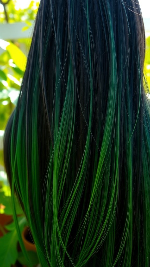 A close-up of long black hair with vibrant emerald green highlights.
