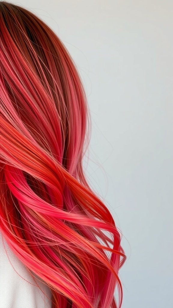 Hair transitioning from fiery red to coral pink