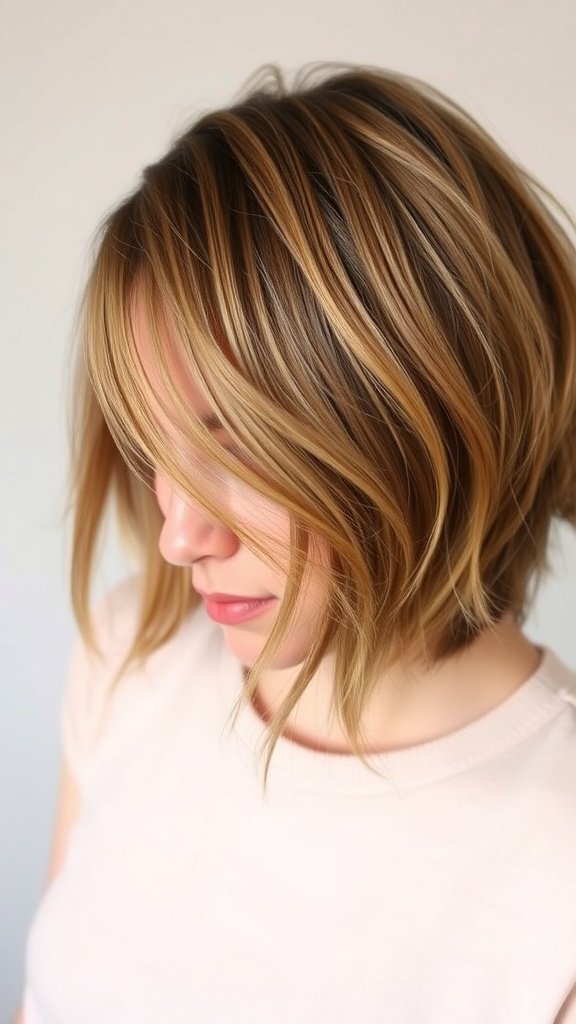A woman with golden brown shag haircut featuring subtle layers, styled casually.