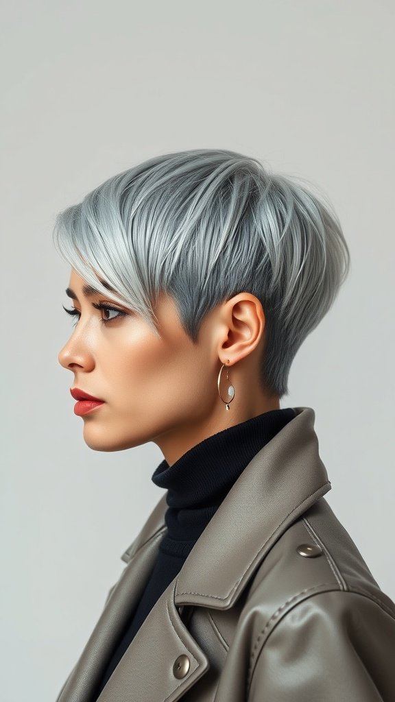 A woman with an icy silver bixie haircut, showcasing a modern and chic style.