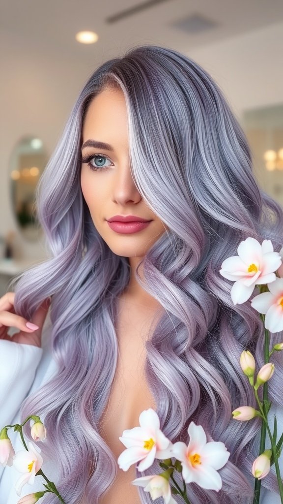A woman with lavender mist hair color styled in soft waves, surrounded by white flowers.