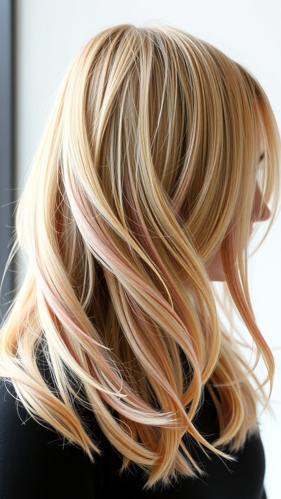 Layered blonde hair with soft pink lowlights