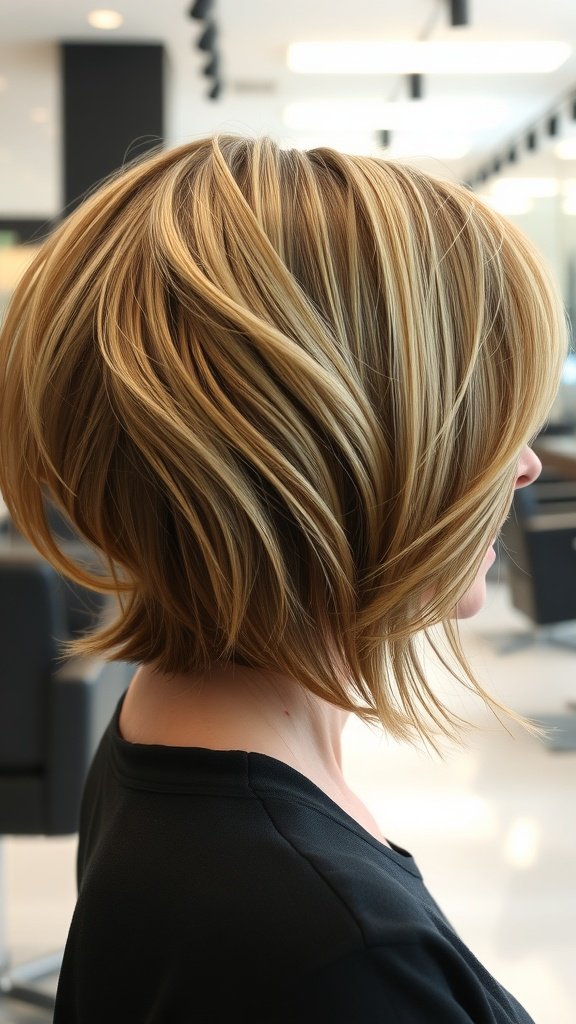 A woman with a layered bob hairstyle featuring a voluminous crown, showcasing soft layers and a stylish look.