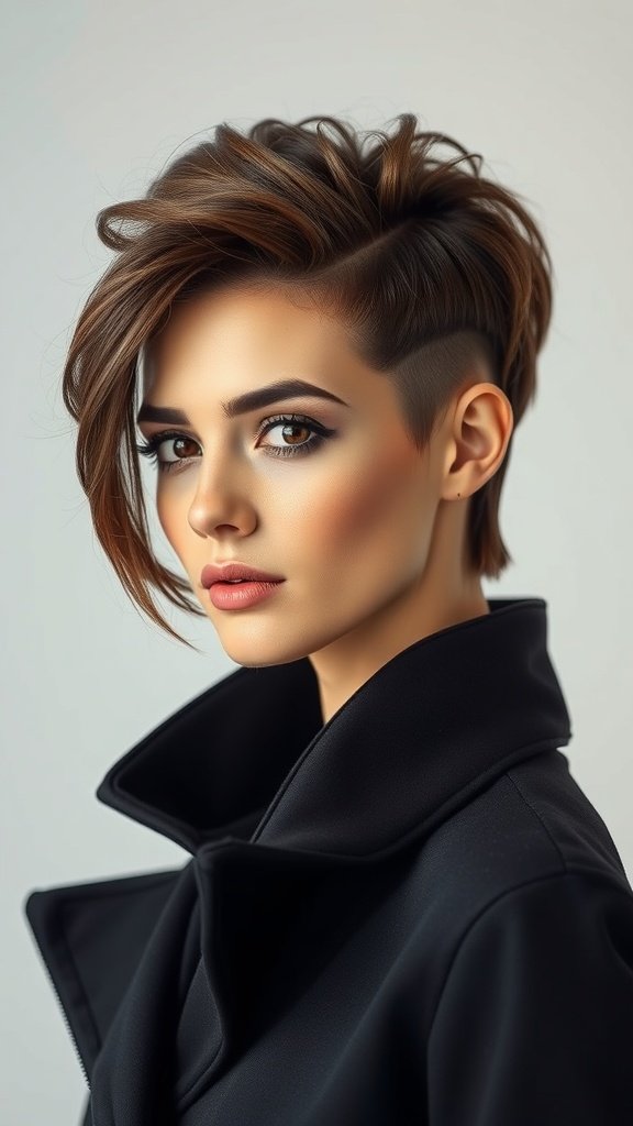 A woman with a medium-length slicked back hairstyle, showcasing a polished and sophisticated look.