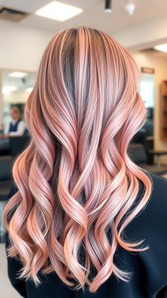 A hairstyle featuring melon pink balayage with soft waves.