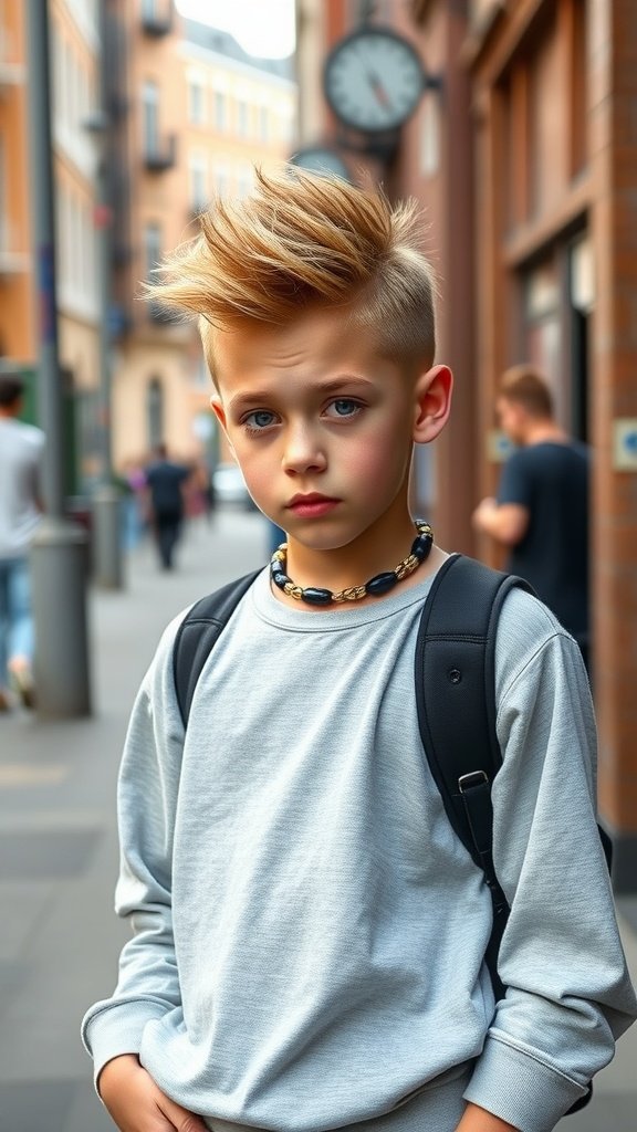 A young boy with a Mohawk hairstyle and shaved sides, wearing a grey sweatshirt and a backpack.