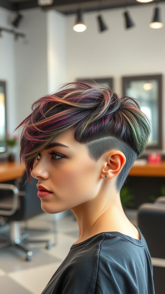 A woman with a dramatic asymmetric pixie haircut featuring vibrant colors, showcasing a bold and stylish look.