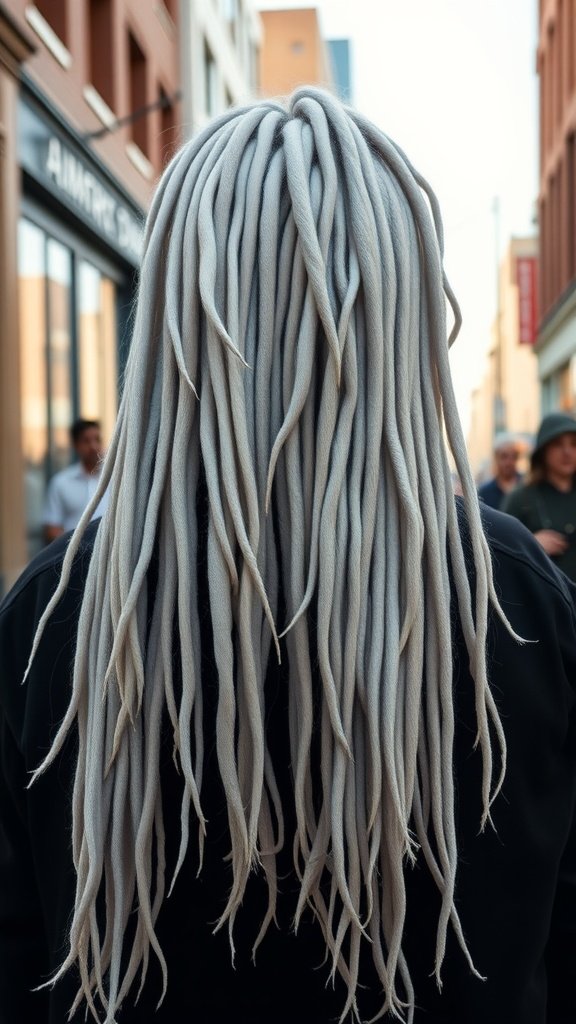 A person with long platinum dreadlocks walking in a city street.