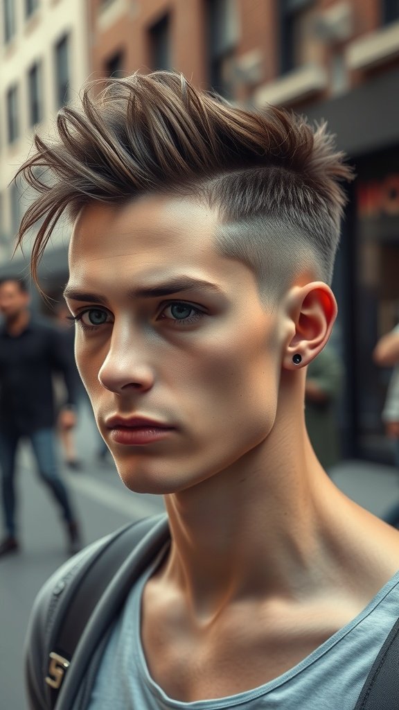 A young man with a razor cut hairstyle featuring wispy sideburns, showcasing a modern and edgy look.