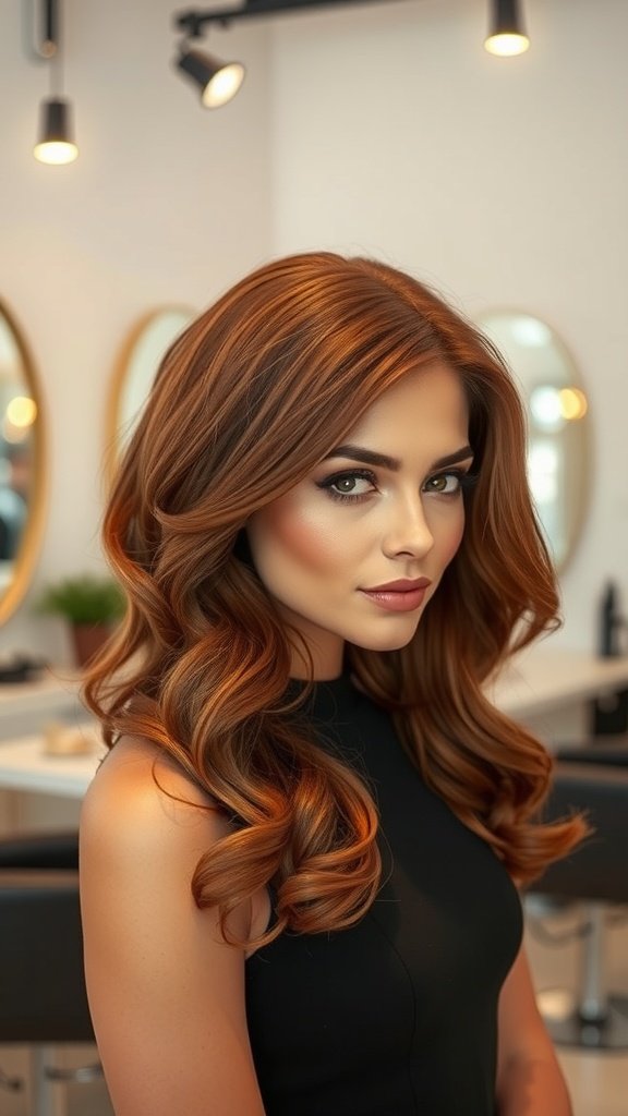 A woman with sable auburn hair styled in soft waves, showcasing a rich and elegant hair color.