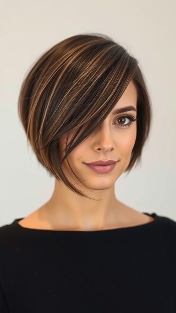A woman with a short A-line bob hairstyle featuring a deep side part, showcasing a modern and stylish look.