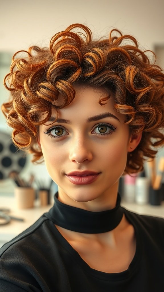 A young woman with short curly hair styled in feathered layers, showcasing a vibrant and lively hairstyle.