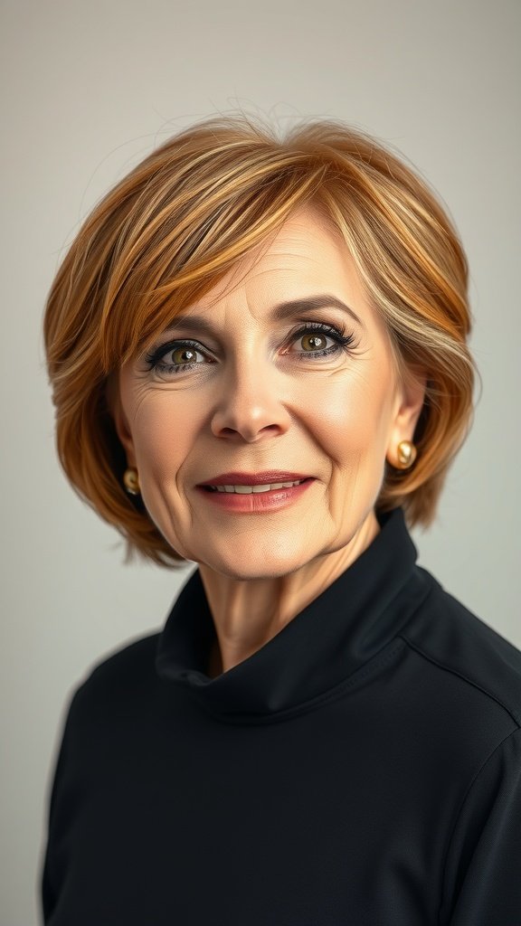 A woman over 70 with a short layered haircut and copper highlights, smiling confidently.