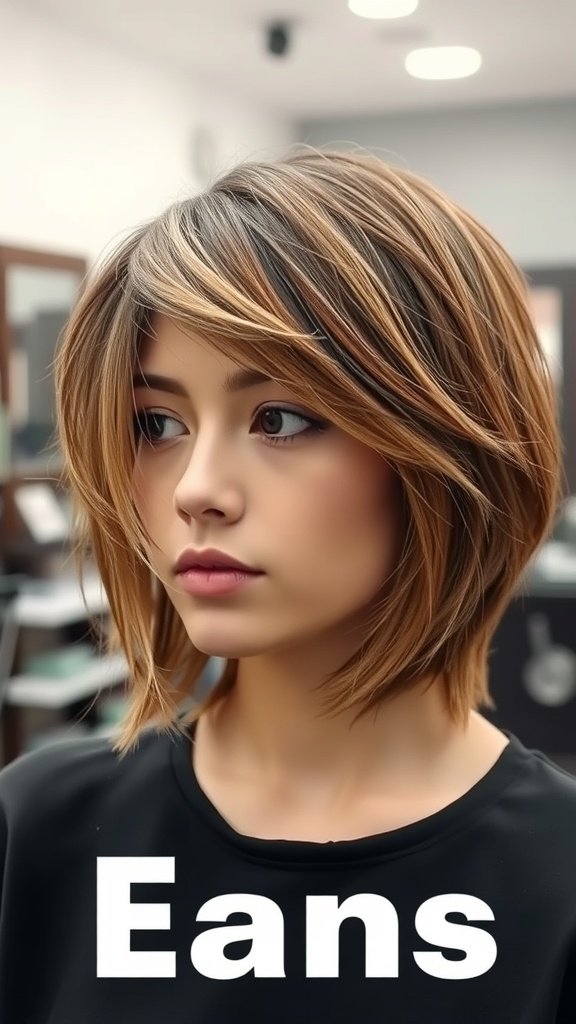 Shoulder-length shag haircut with razor ends, showcasing a stylish and textured look.