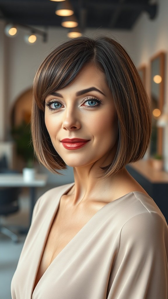 A woman with a shoulder-length sleek bob hairstyle and side-swept fringe, looking stylish and confident.