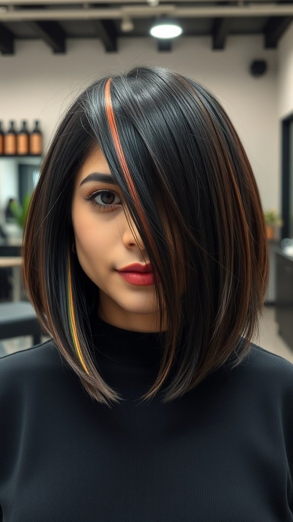 A sleek bob hairstyle featuring hidden rainbow layers, showcasing a polished look with vibrant colors peeking through.