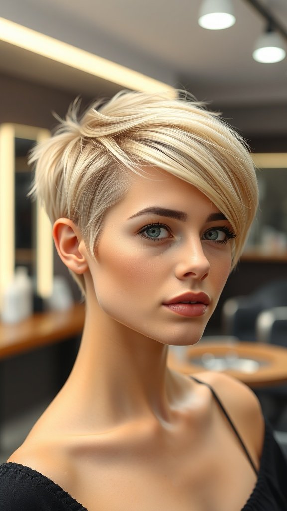 A woman with a slicked back golden blonde pixie haircut, showcasing a polished and modern look.