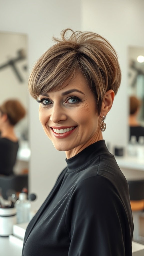 A woman with a smooth pixie hairstyle and blunt fringe, smiling in a salon setting.