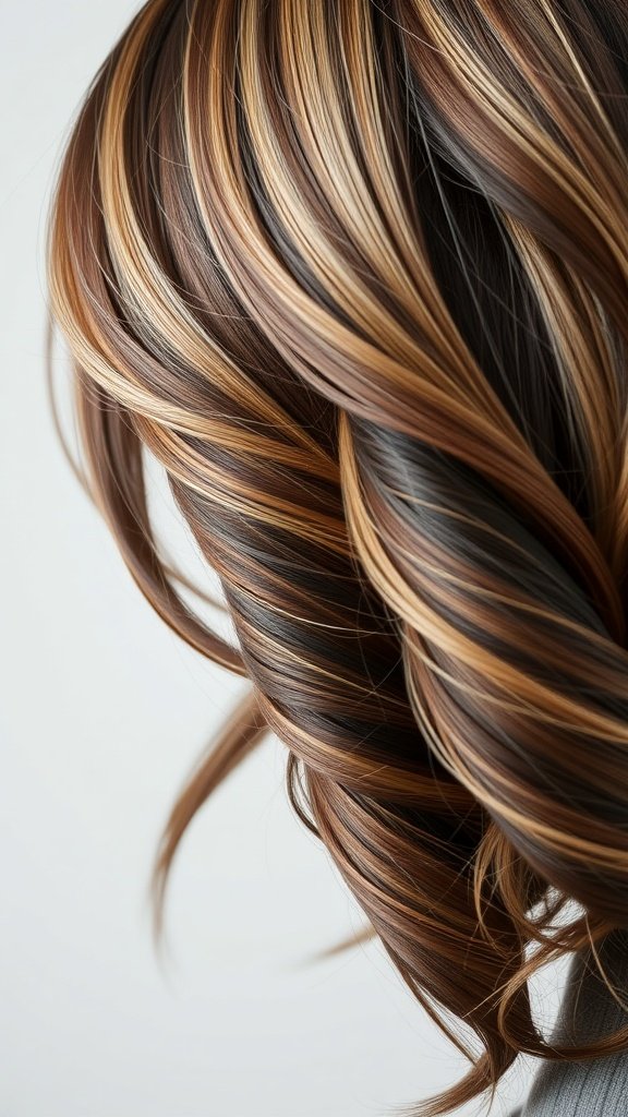 A close-up view of hair styled in coffee brown with cream highlights, featuring soft waves.