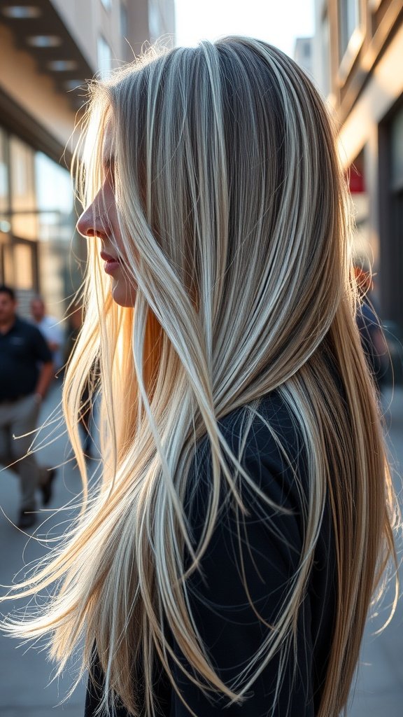 A woman with long, sun kissed silver balayage hair, showcasing a blend of silver and warm highlights.