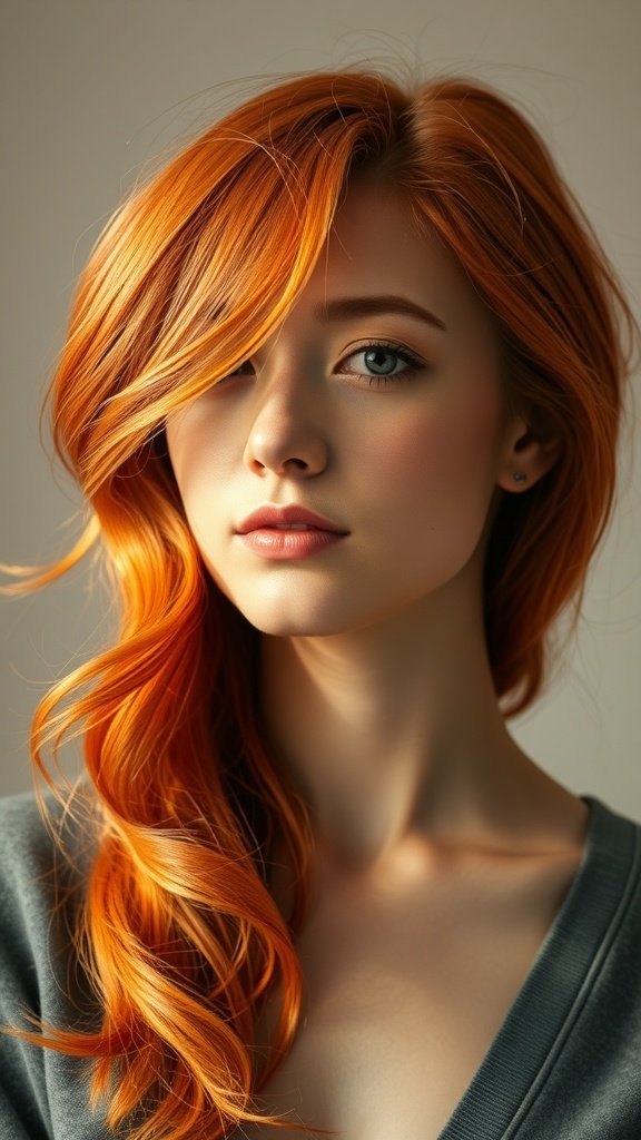 A woman with tangerine red wavy hair, showcasing a vibrant and stylish look.