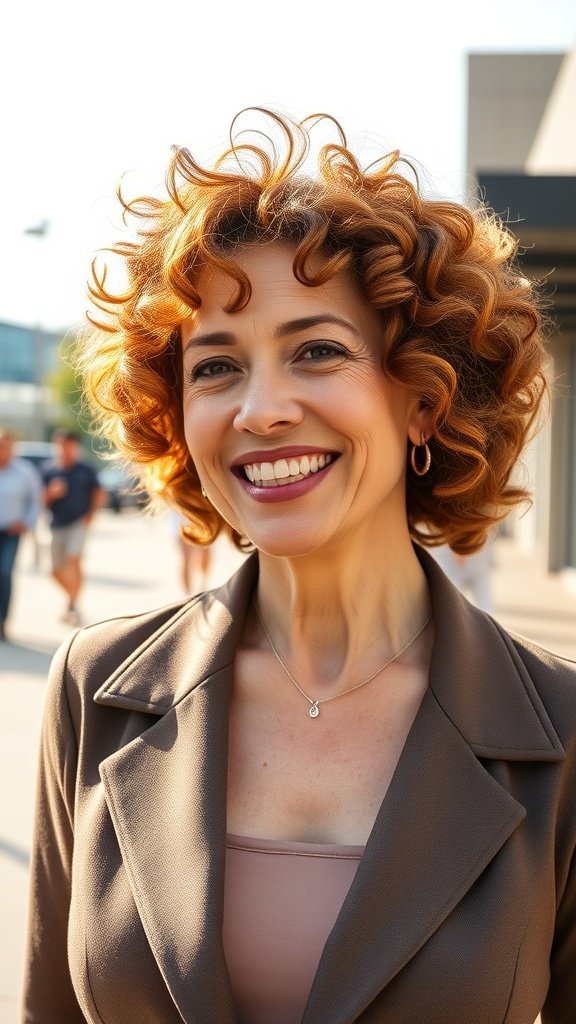 A woman with tapered natural curls, smiling confidently outdoors.