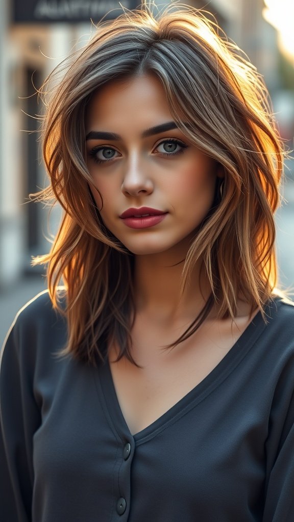 A woman with tousled layered hair and a middle part, looking stylish and confident.