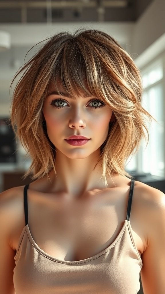 A woman with a tousled mid-length shag hairstyle and bangs, showcasing volume and texture.