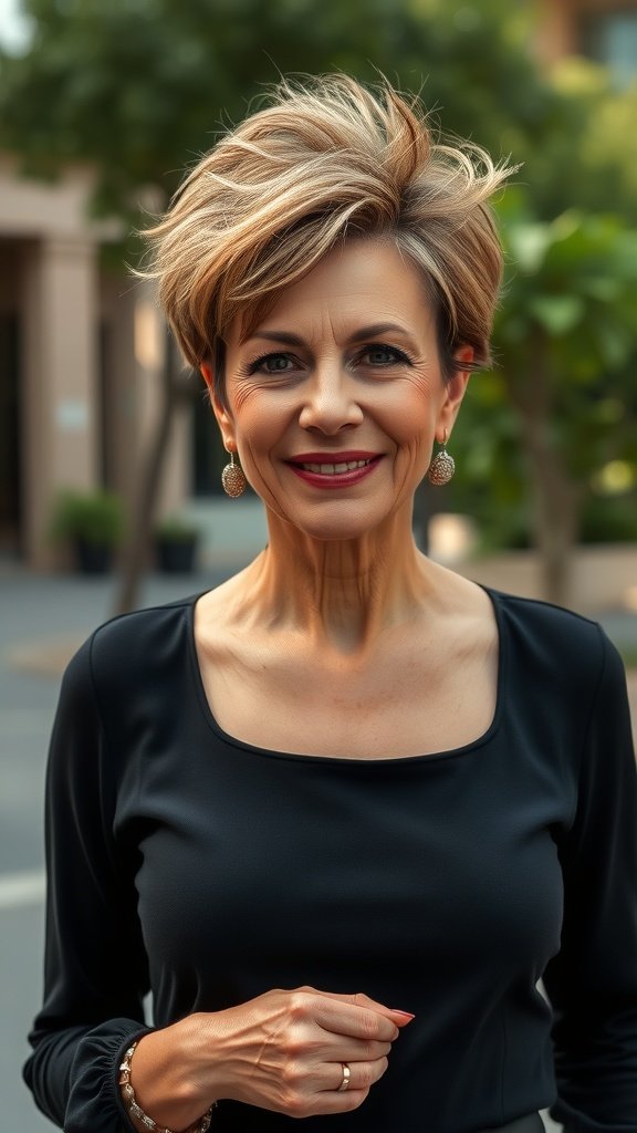 A woman with a tousled pixie hairstyle and voluminous top, wearing a black top and earrings, smiling outdoors.